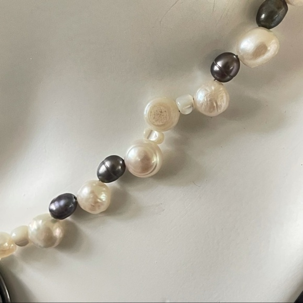Handmade Statement Necklace Freshwater Pearl Mother of Pearl Snap Upcycle - Picture 4 of 7